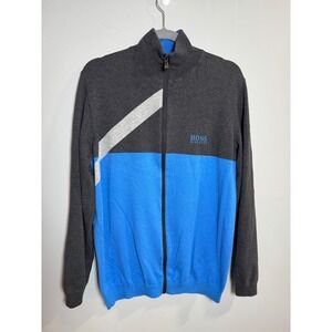 Hugo Boss XL Full Zip Sweater Mens Blue Charcoal Grey Colorblock Mock Neck Knit